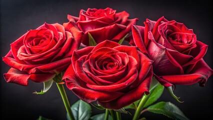 Fototapeta premium Vibrant, velvety, large, blooming red roses with delicate petals, isolated on a dark background, perfect for romantic occasions and celebrations.