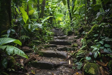 Fototapeta premium A scenic hike through the lush trails of a tropical rainforest, with waterfalls, exotic plants, and diverse wildlife