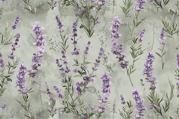 Tranquil Lavender Field, Lilac and Sage Green Floral Pattern, Seamless Pattern with Flowers and Leaves. Hand Drawn Background. Floral Pattern for Tile Wallpaper, wrapping paper design, textile