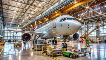 Obraz premium Large commercial aircraft undergoing maintenance inspection inside vast aviation hangar with engine and fuselage repair work in progress.