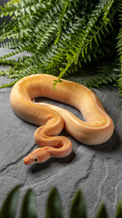 Stunning Champagne, Banana, Enchi, Yellow Belly Ball Python Coiled on Slate Stone with Lush Green Ferns. 