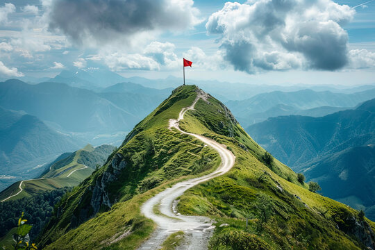 A winding road ascending a steep, isolated mountain peak topped with a flag, symbolizing the challenging journey to success