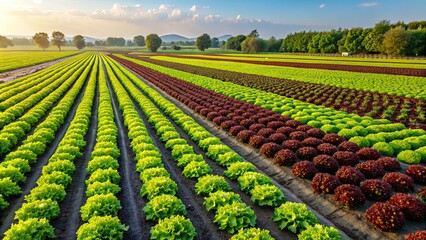Salad cultivation in open fields, farming, agriculture, fresh, green, organic, healthy, harvest, crop, rows, plants, veggies