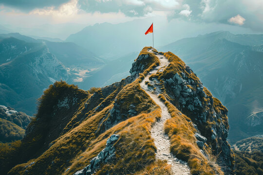 A winding road ascending a steep, isolated mountain peak topped with a flag, symbolizing the challenging journey to success