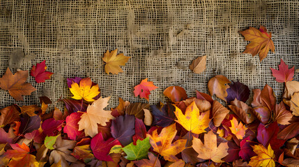A pile of autumn leaves on a brown background