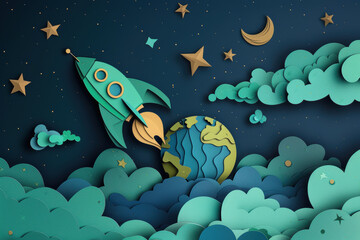 Obraz premium Paper Cut Style Rocket and Moon