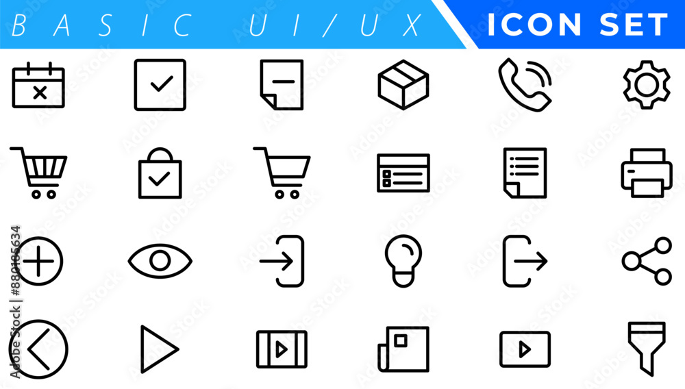 Poster User Interface Icons Collection, Basic ui ux icon set. Set icon of user interface. Vector illustration. editable stroke.. Pixel perfect