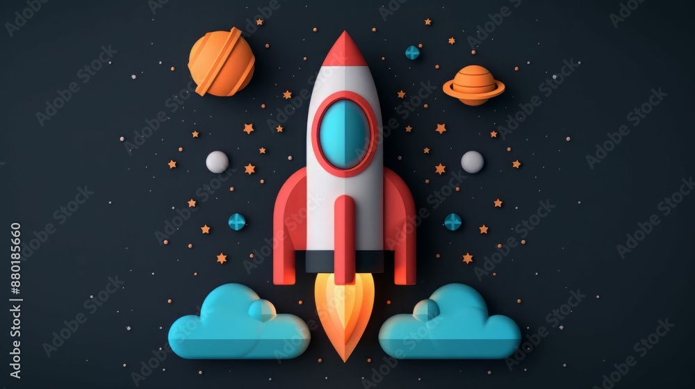 Poster rocket launch in space with clouds.