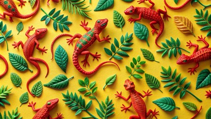 Vibrant red toy lizards scattered across bright yellow background, featuring intricate wild nature pattern with leaves and vines entwined.