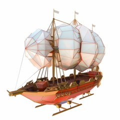 Fototapeta premium 3D Render, Low Poly style of a steampunk airship, on isolated white background, Generative AI