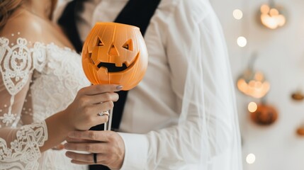 Couple sharing a sweet moment at a Halloween shindig, holding hands and enjoying the festive decorations and lively atmosphere