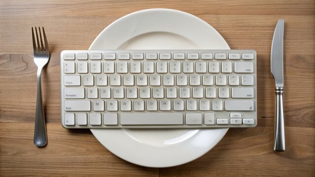a keyboard on a plate with utensils, symbolizing internet etiquette and online content consumption.