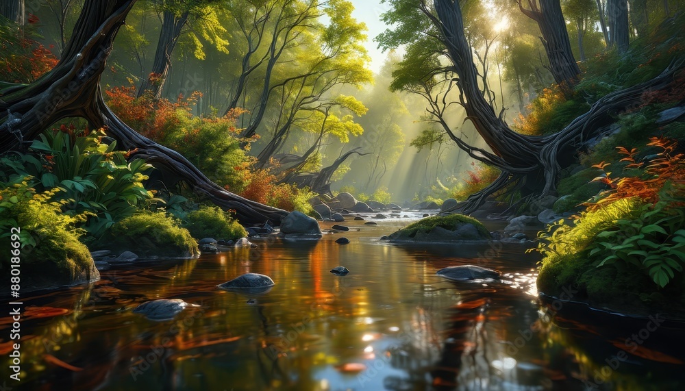Poster sunlight filtering through the forest canopy.