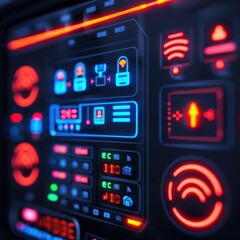 Obraz premium Internet of Things, smart home devices, holographic control panel, secure network.copy space for text, focus cover all odject, deep dept of field