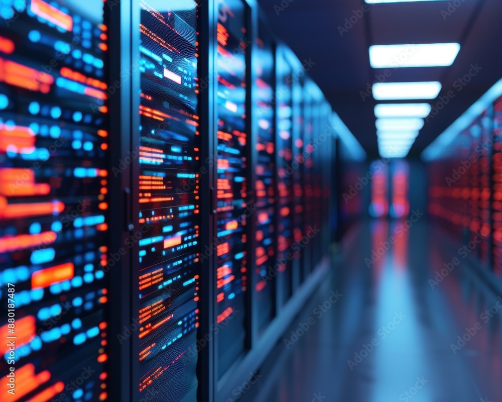 Poster holographic data center, secure network management, advanced technology.copy space for text, focus c