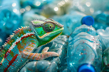 Plastic pollution concept with a chameleon blending in with old plastic bottles, highlighting habitat loss and man-made disasters