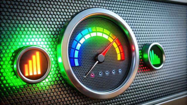 Modern digital panel with brightly lit LED gauge needle, bar graph battery meter, and circular bargraph display shifting from red to green.
