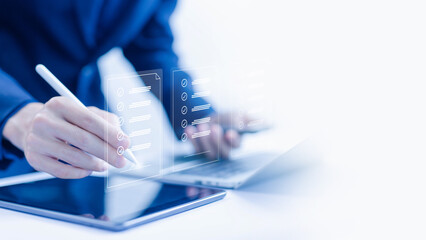 businessman's signature in the form of agreement smart contract agreement bank on a laptop. concept...