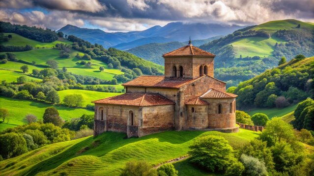 Solemn Romanesque Church of Santa Maria de Retortillo stands proudly isolated amidst rolling green hills in rural Cantabria landscape.