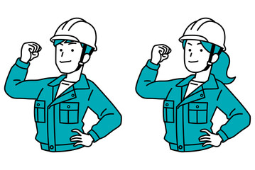 力こぶを作ってみせる作業服の男女　セット