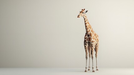 Adorable 3D giraffe, standing, white home setting background, ample copy space