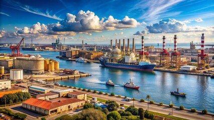 Panoramic view of Taranto's industrial zone featuring cargo ships docked alongside sprawling petrochemical plants and cranes under blue sky.