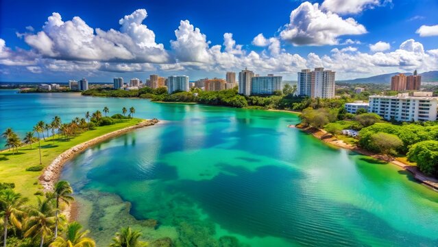Serene turquoise waters of Condado Lagoon stretch towards Miramar's lush green hills under a brilliant blue sky in San Juan.