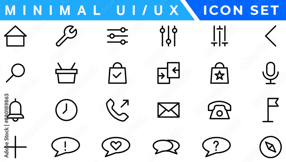 Poster minimalist and simple looking pixel perfect linear ui icons set for dark, light mode. outline isolat
