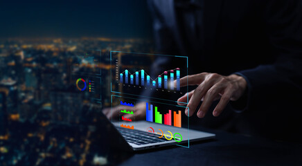 reports and research on platform digital technology and analyst manages the system database. concept of analysis data plans shows a dashboard chart on the computer, analytics business 