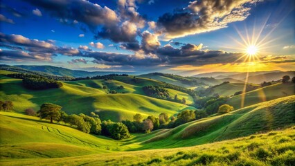 Obraz premium Vibrant and serene, a cloudless bright blue sky with warm sunlight casting gentle shadows on rolling green hills.