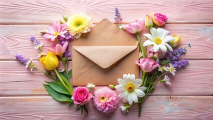 Pastel pink background adorned with vibrant spring flowers softly surrounds blank paper card and distressed brown envelope in serene still life.