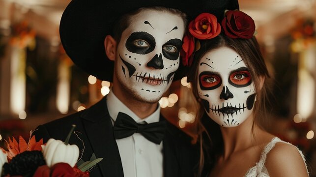 Halloween soiree with a stylishly dressed duo, creative costumes with detailed patterns, mingling at a haunted gathering, festive atmosphere