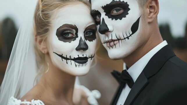 Halloween-themed couple, dressed as a terrifying duo, their bond evident in the way they complement each other's frightful costumes