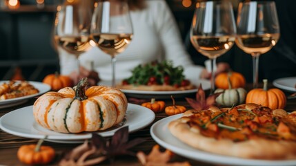 Happy couple enjoying a Halloween feast, table adorned with traditional seasonal dishes, emphasizing the festive and communal aspects of the holiday