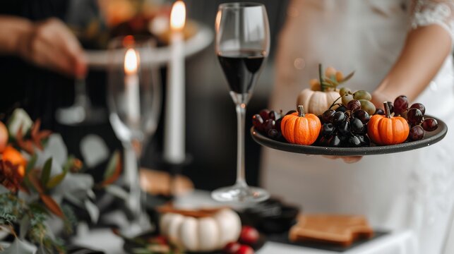 Halloween-themed sweethearts, their costumes and decor perfectly aligned, creating a stylish and spooky atmosphere, highlighted by autumn colors