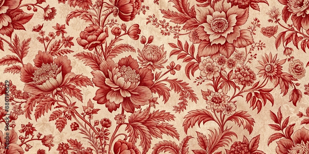 Sticker vintage french floral toile red pattern with intricate botanical s and classic design elements, vint