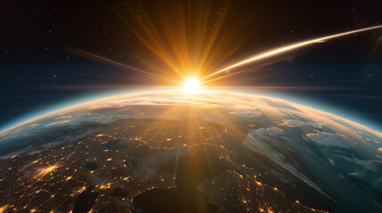 Obraz premium sunrise over the earth, the earth's silhouette is lighting up by the sun