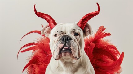White Bulldog with red devil horns and feathers on white background