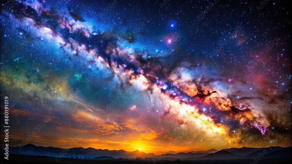 Sticker Stunning image of a colorful cosmos filled with stardust and the Milky Way , galaxy, nebula, stars, space