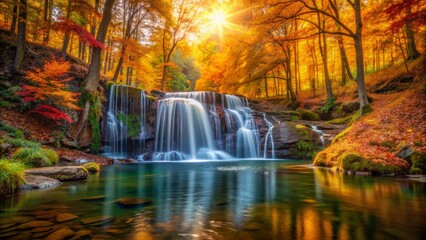 Vibrant autumn foliage surrounds serene waterfall cascading into calm pool amidst lush forest's tranquil atmosphere with warm golden light filtering through.