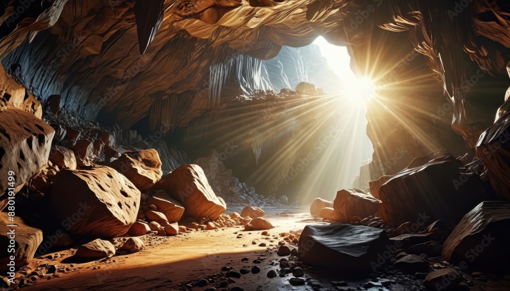 Sticker sunlight streaming through cave entrance.