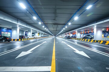Empty Underground Parking Garage with White Arrows