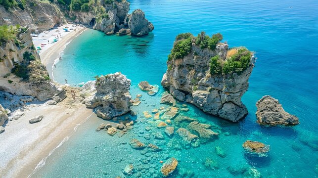 An aerial view captures the scenic beauty of Arcomagno beach, a small rocky beach nestled along the coast of Calabria, Italy.