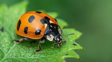 Fototapeta premium An Asian Lady Beetle (scientific name: Harmonia axyridis) resting on a vibrant green leaf, showcasing its distinctive coloration and markings against the natural backdrop.