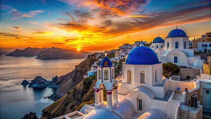 Obraz premium Stunning sunset view over the iconic blue-domed buildings in Santorini , sunset, snaps, Santorini, Greece, travel