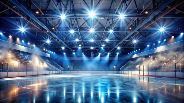 Illuminated professional ice rink arena with neon lights, spotlights, and smoke, providing a dramatic winter backdrop for hockey competitions and ice skating events.