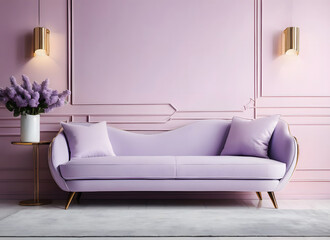 Living room with sofa, pastel colors, lilac, pillow, retro, old-fashioned, luxury.