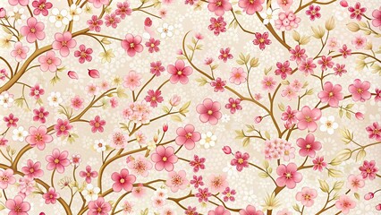 Fototapeta premium Traditional Japanese seamless pattern featuring cherry blossom flowers and delicate branches, Japanese