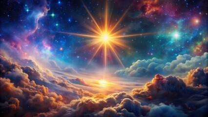 Naklejka premium Vibrant cosmic backdrop with wispy smoke clouds illuminated by a solitary shimmering star, radiating an otherworldly sense of mystery and wonder.