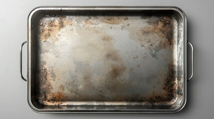 empty metal rectangular baking sheet on a white table,